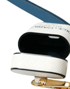 Dolce & Gabbana White Blue Calf Leather Logo Print Strap Airpods Case - Zeiniez