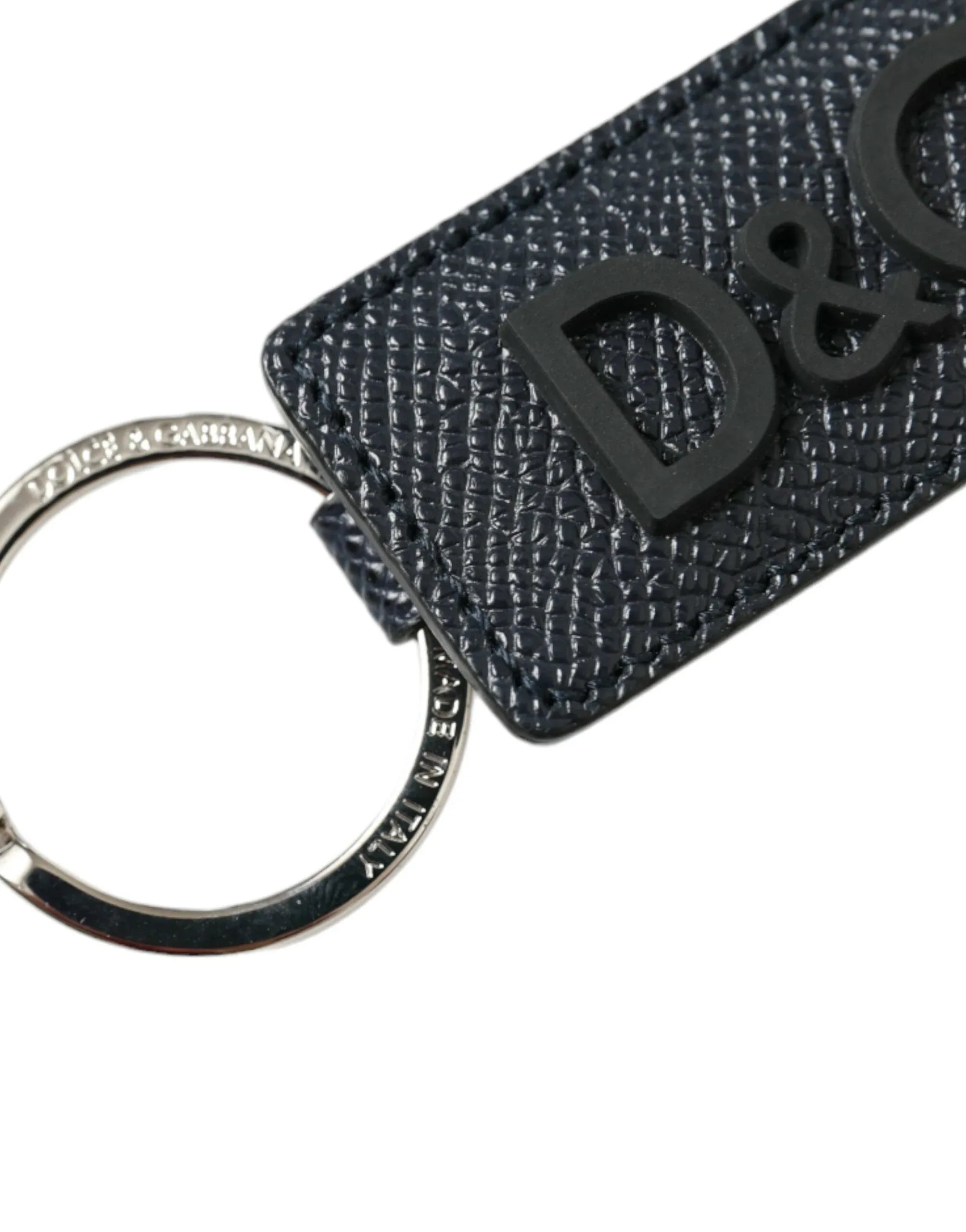 Dolce & Gabbana Black Calf Leather DG Logo Silver Brass Keyring Keychain - Zeiniez