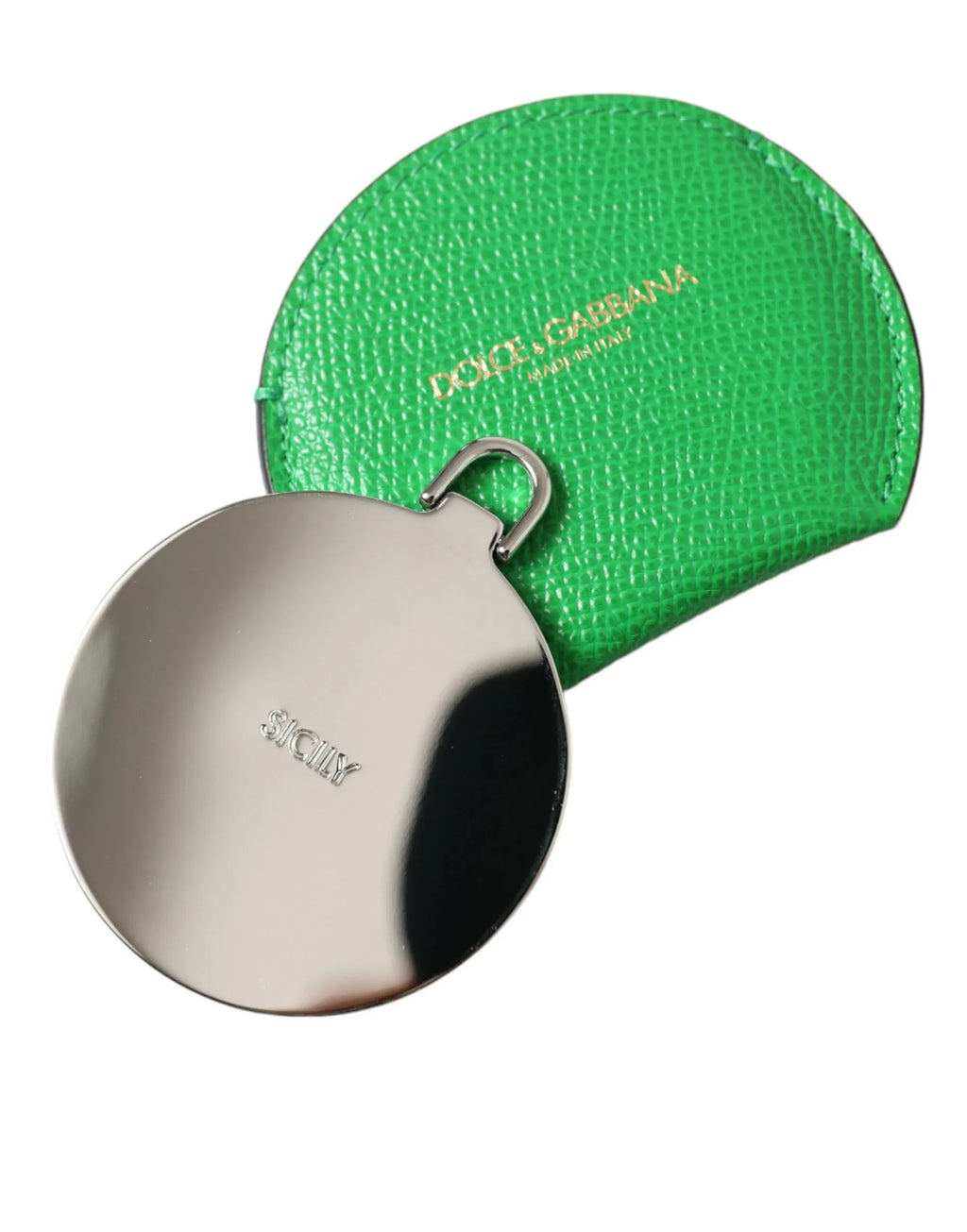 Dolce & Gabbana Green Calfskin Leather Round Logo Hand Mirror Holder - Zeiniez