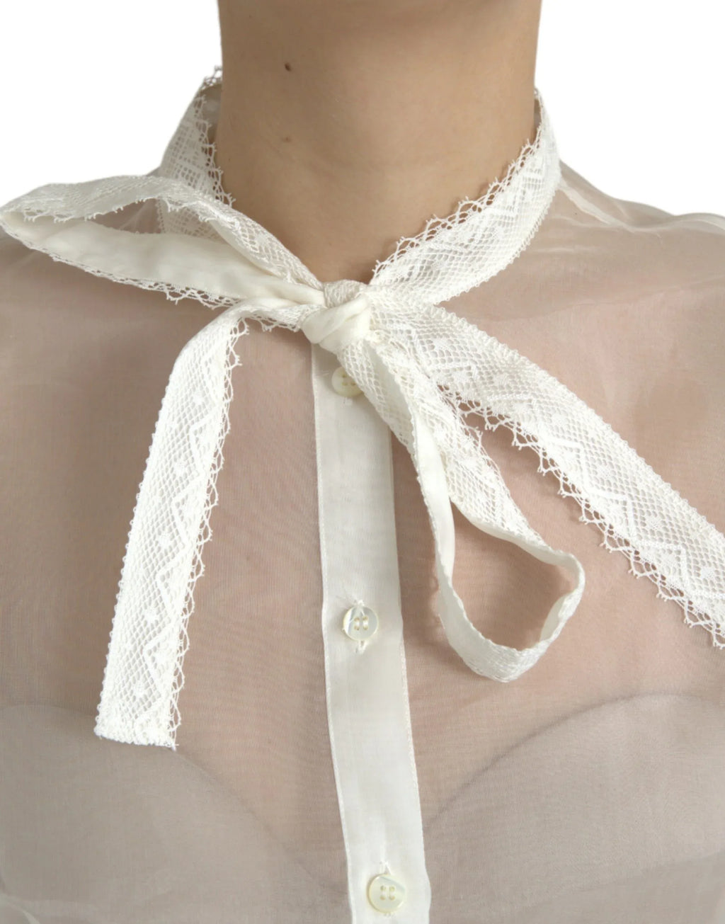 Dolce & Gabbana White Silk Long Sleeves Ascot Collar Top - Zeiniez