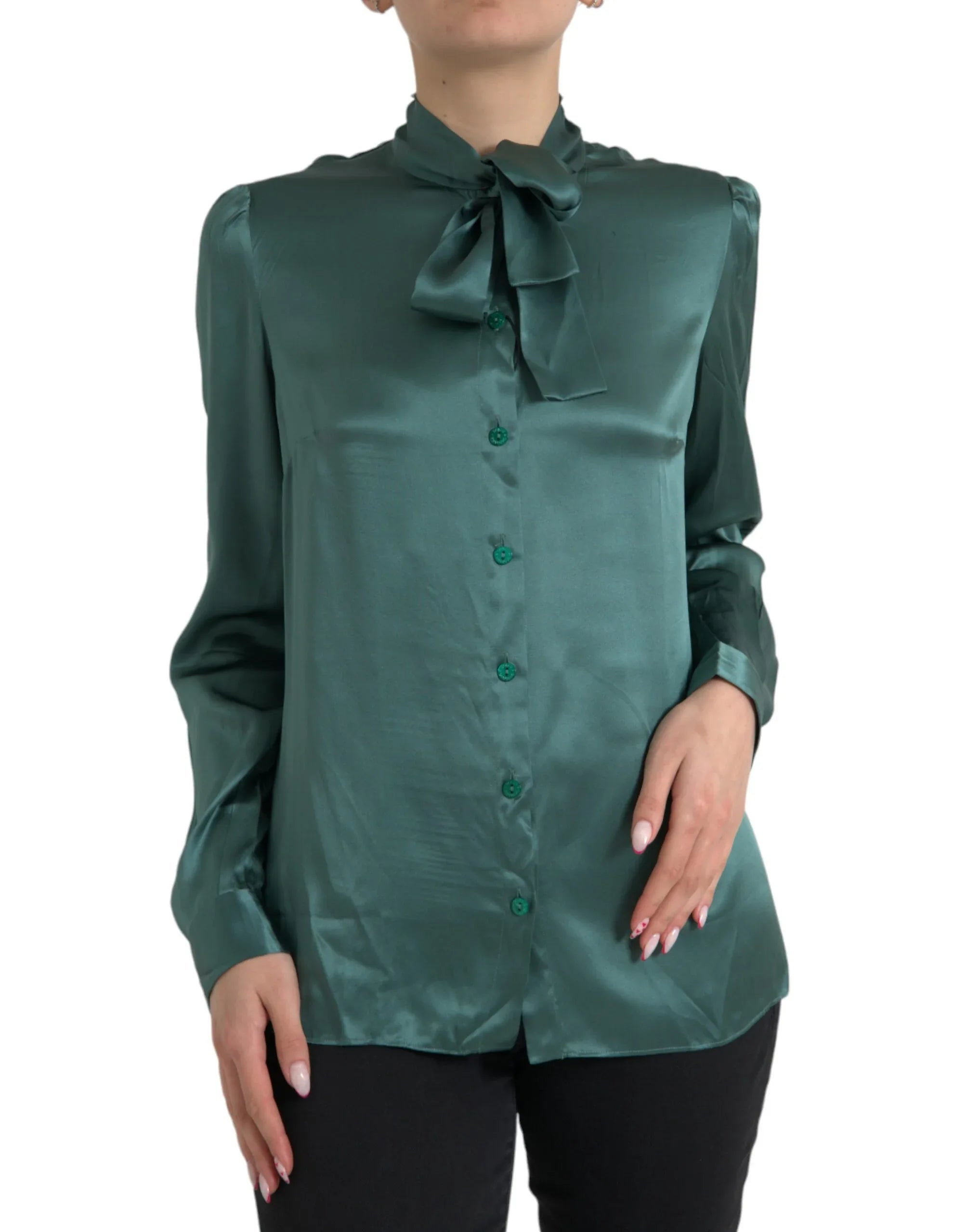 Dolce & Gabbana Dark Green Silk Ascot Collar Blouse Top - Zeiniez