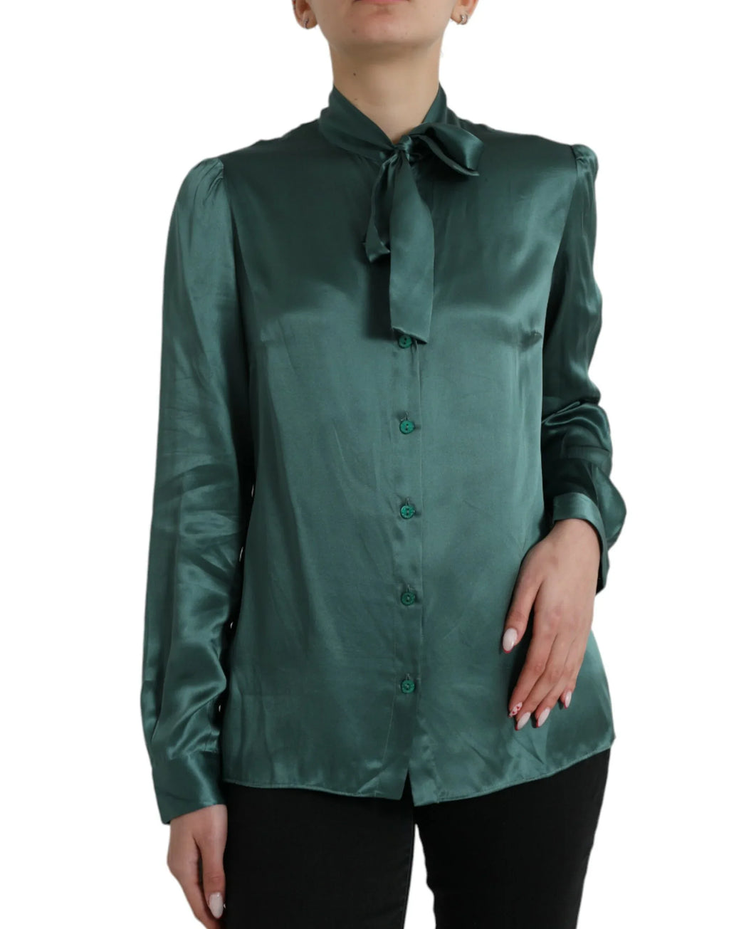 Dolce & Gabbana Dark Green Silk Ascot Collar Blouse Top - Zeiniez