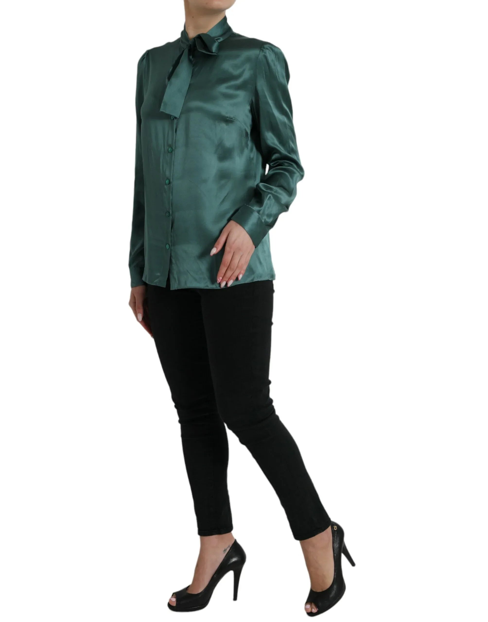 Dolce & Gabbana Dark Green Silk Ascot Collar Blouse Top - Zeiniez