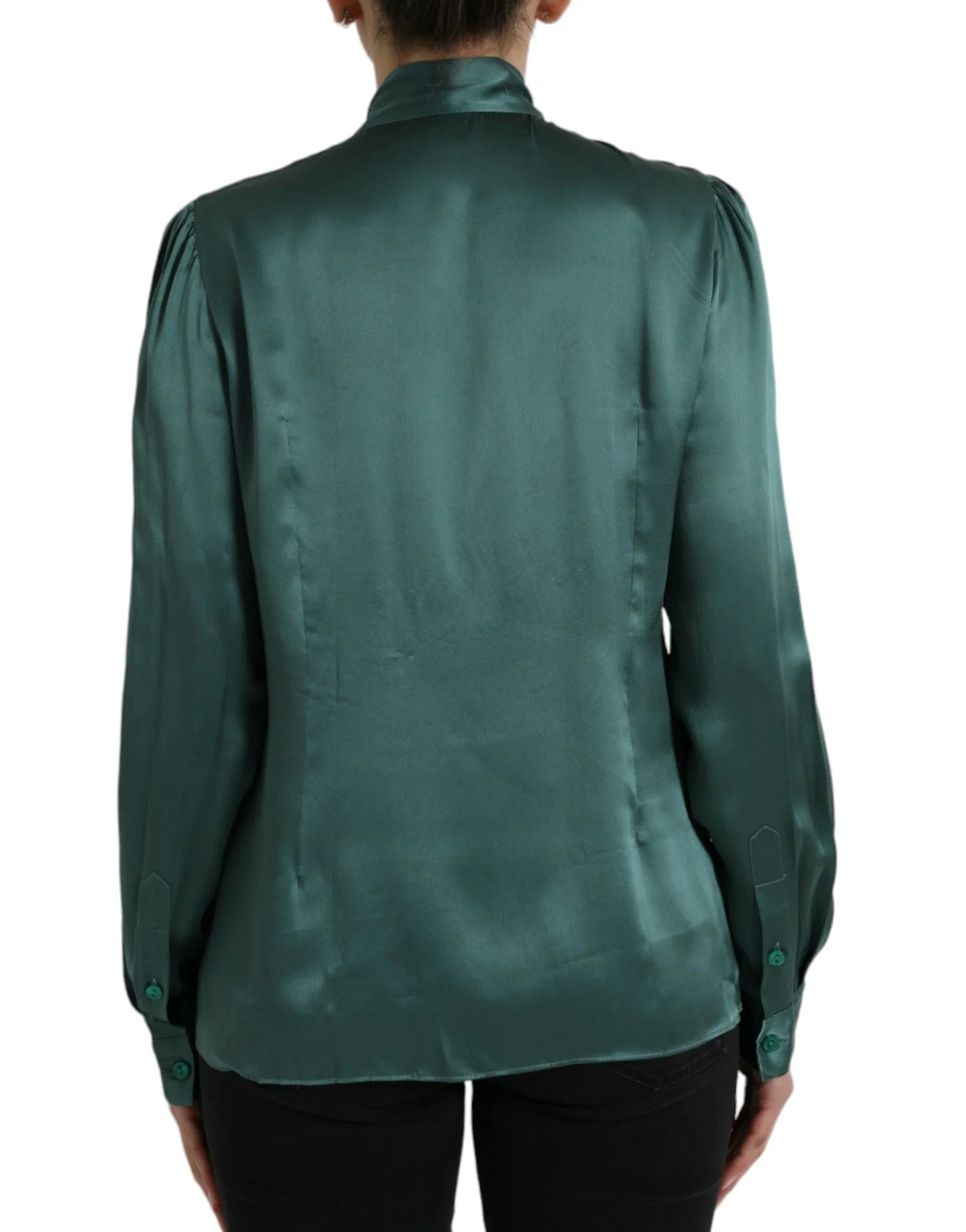 Dolce & Gabbana Dark Green Silk Ascot Collar Blouse Top - Zeiniez