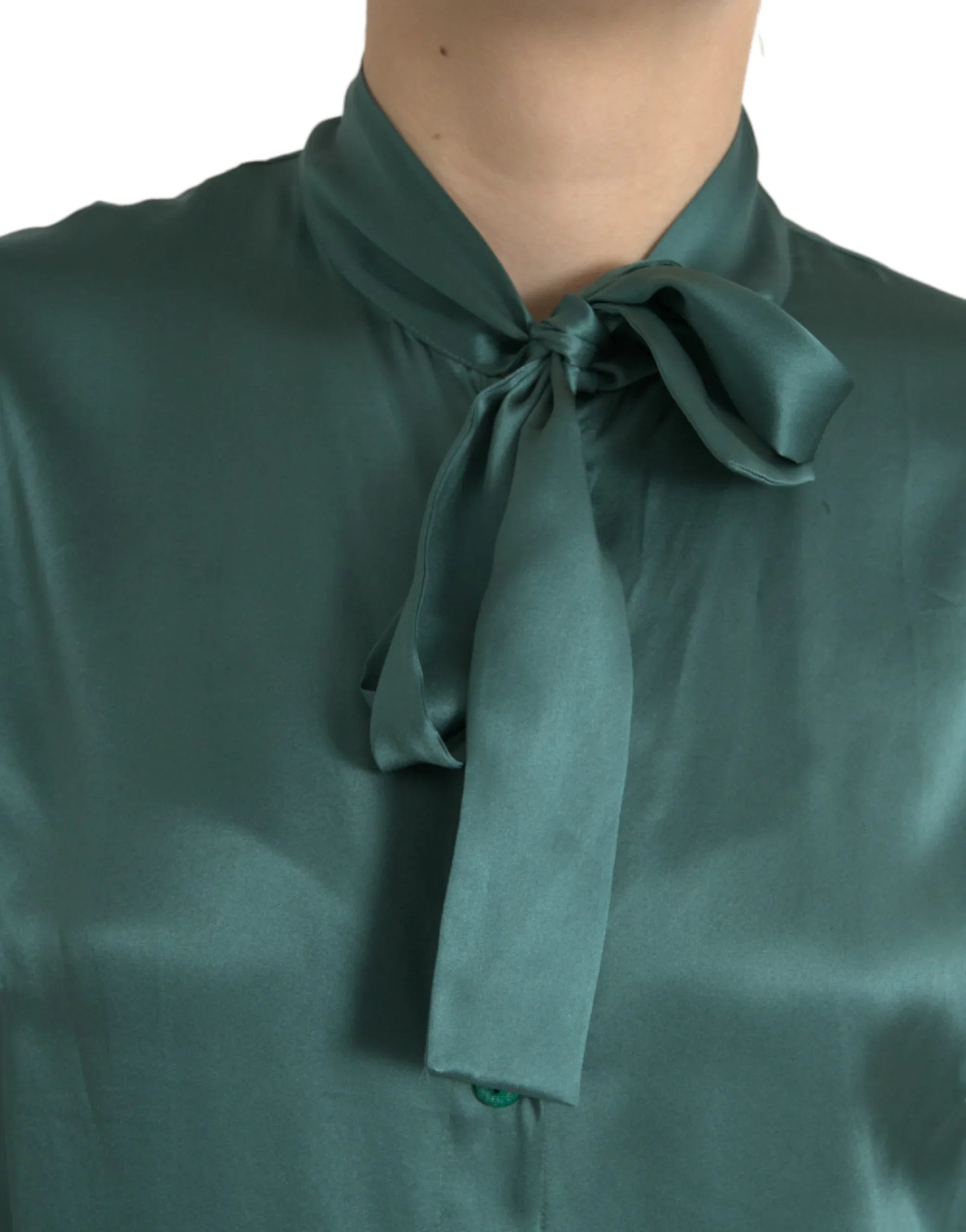 Dolce & Gabbana Dark Green Silk Ascot Collar Blouse Top - Zeiniez