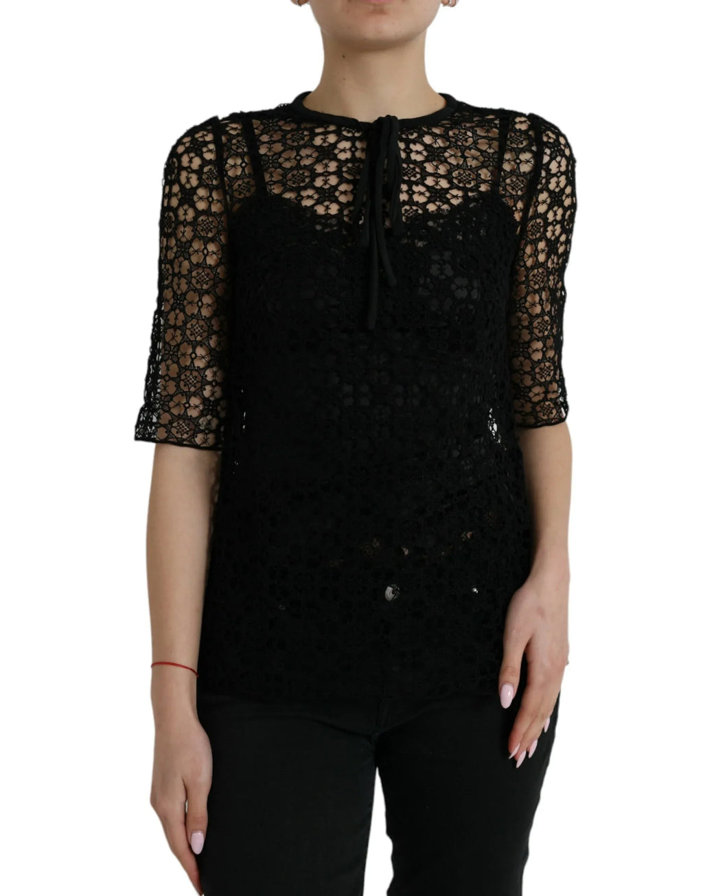 Dolce & Gabbana Black Floral Lace Short Sleeves Blouse Top - Zeiniez