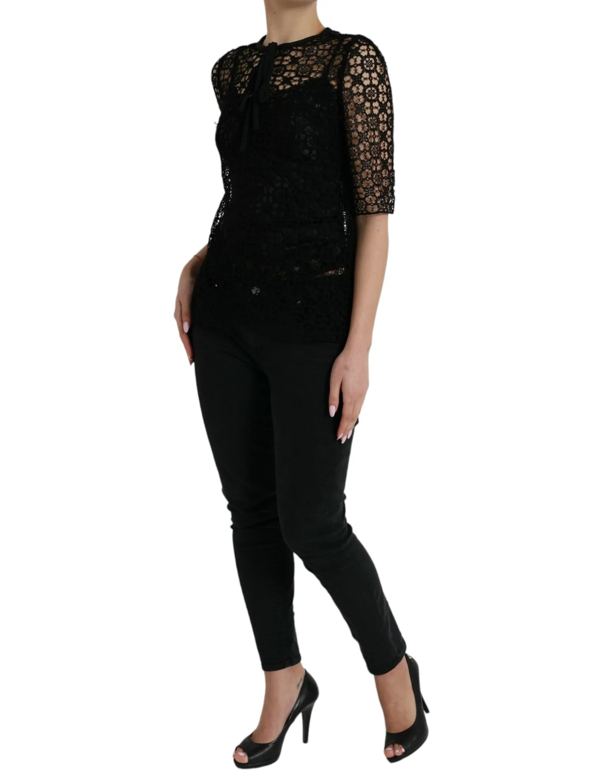 Dolce & Gabbana Black Floral Lace Short Sleeves Blouse Top - Zeiniez