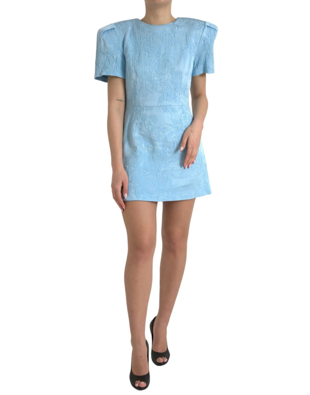 Dolce & Gabbana Light Blue Floral Jacquard Puff Sleeve Mini Dress - Zeiniez