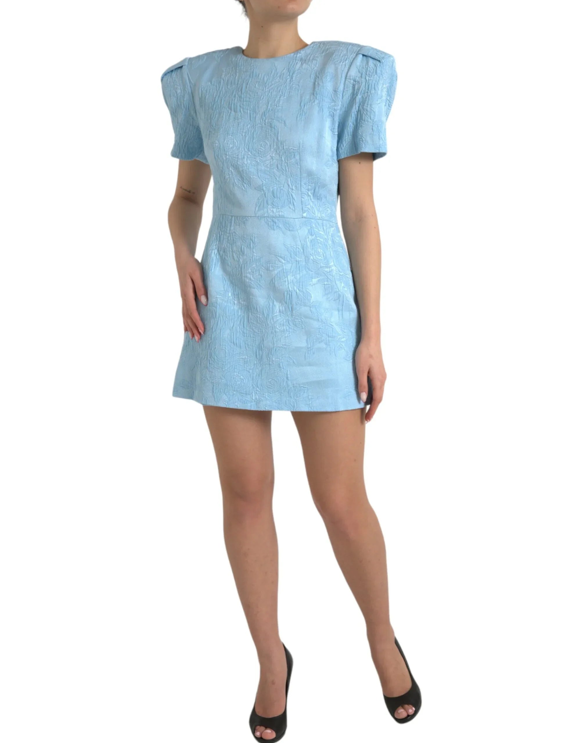 Dolce & Gabbana Light Blue Floral Jacquard Puff Sleeve Mini Dress - Zeiniez