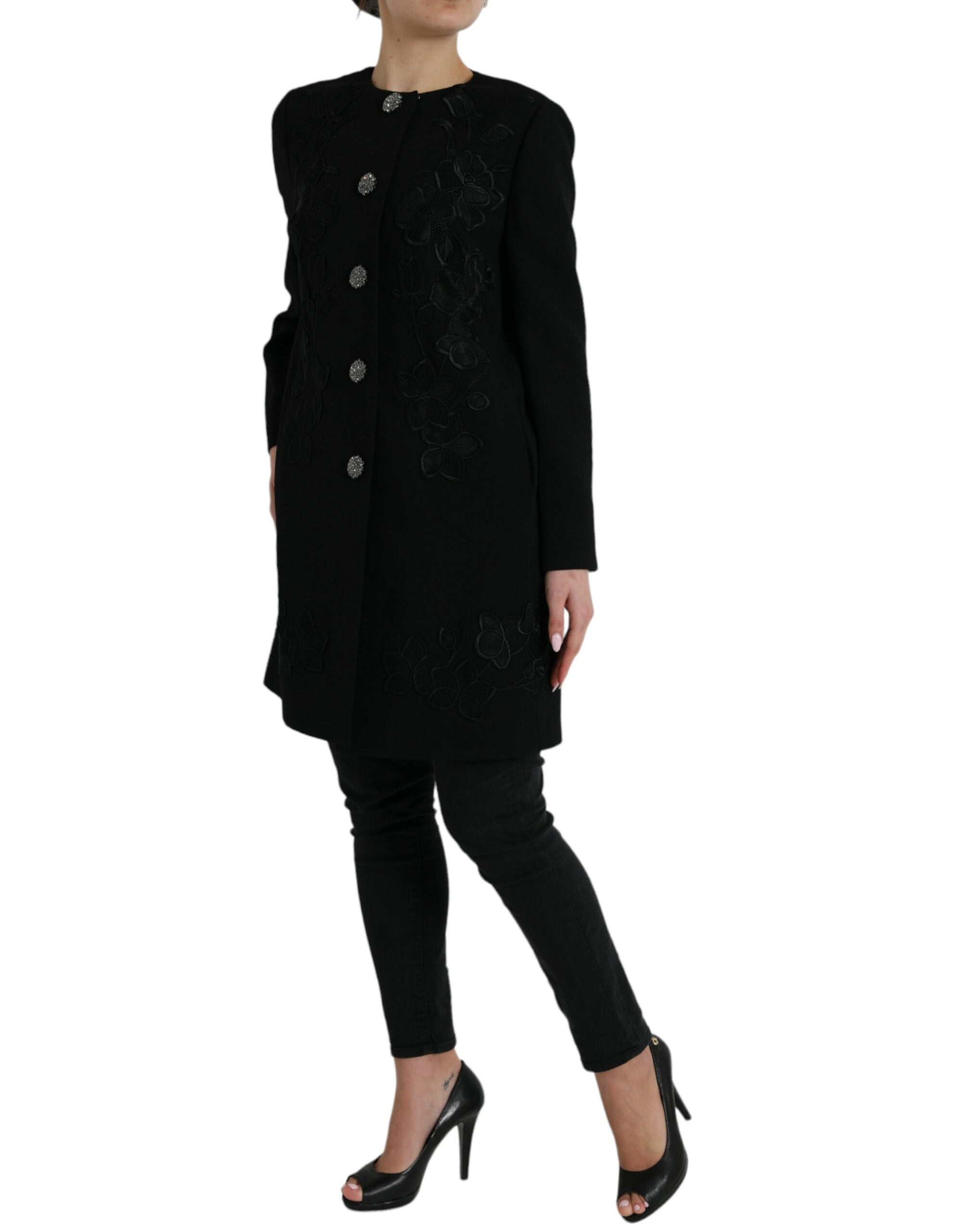 Dolce & Gabbana Black Floral Wool Button Embellished Jacket - Zeiniez