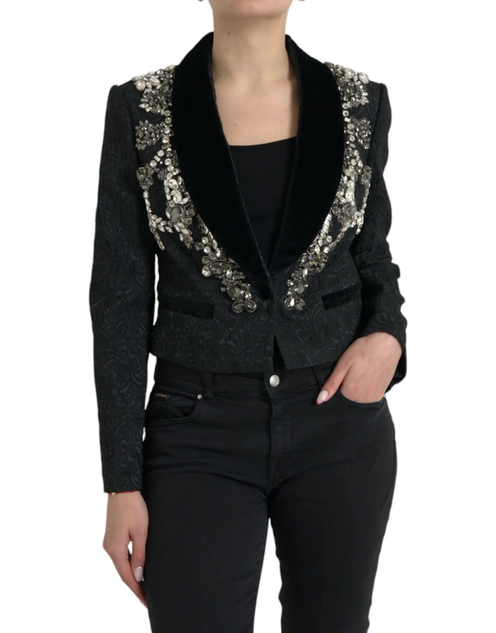 Dolce & Gabbana Black Crystal Embellished Overcoat Jacket - Zeiniez