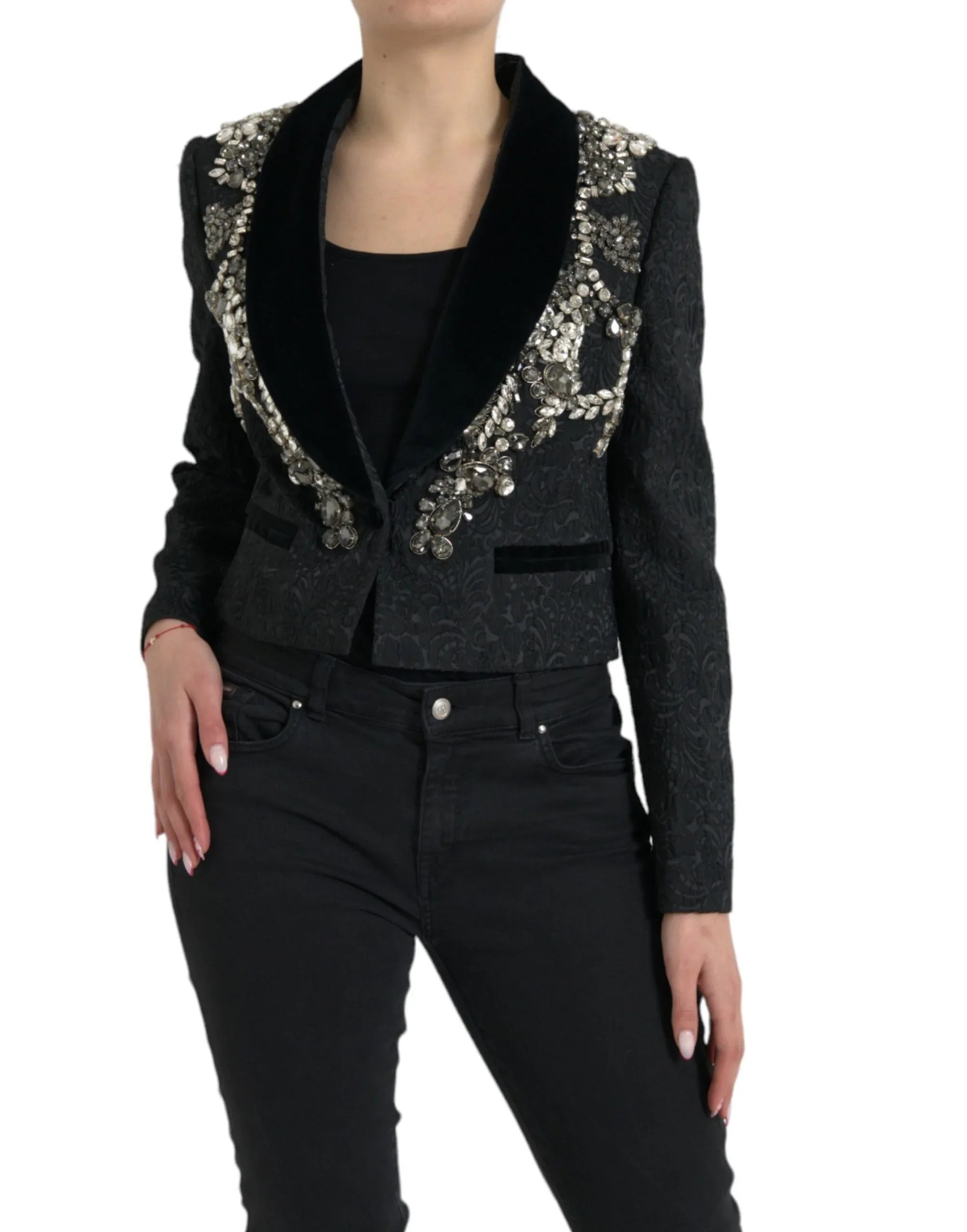 Dolce & Gabbana Black Crystal Embellished Overcoat Jacket - Zeiniez