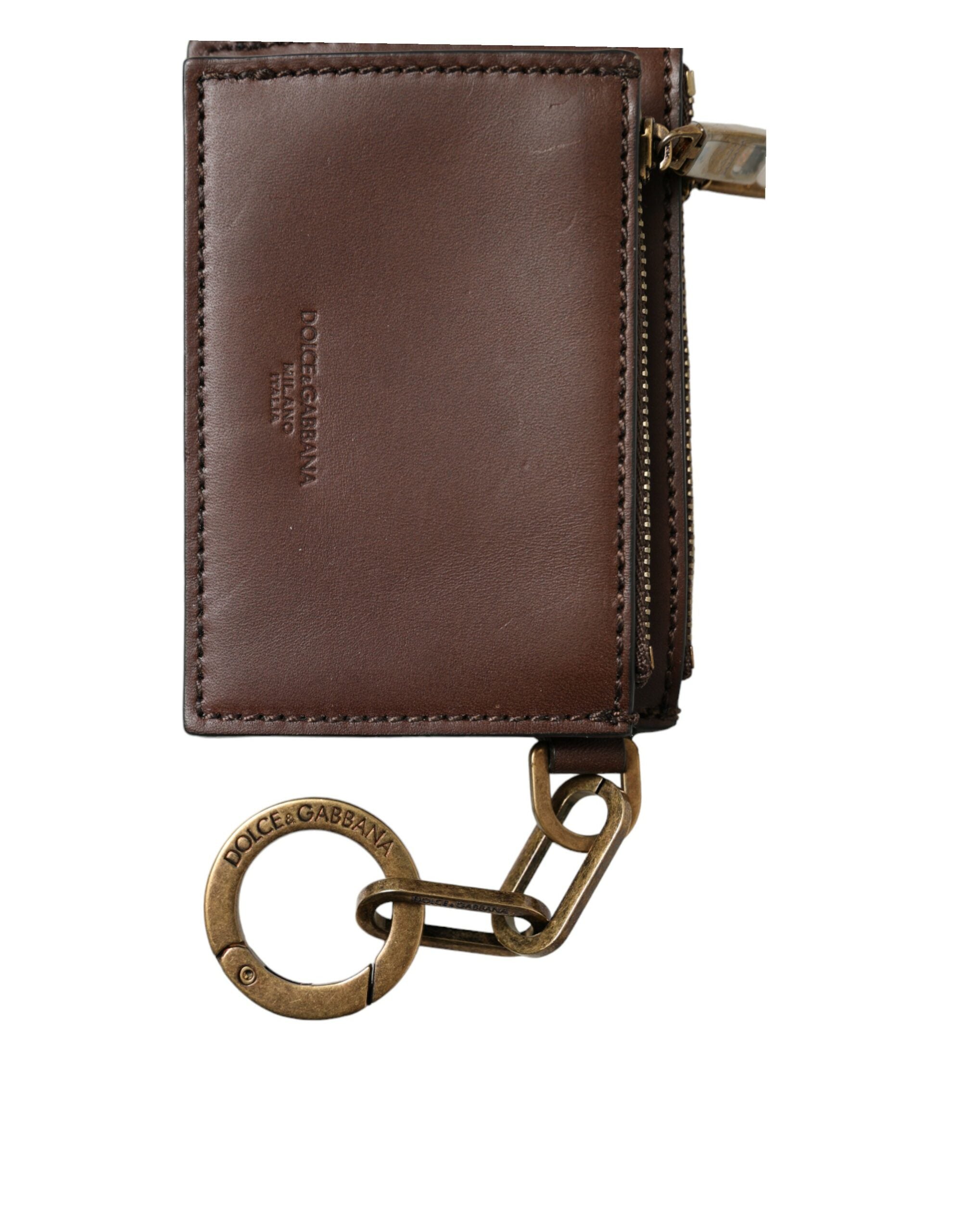 Dolce & Gabbana Brown Leather Zip Logo Keyring Coin Purse Keyring Wallet - Zeiniez