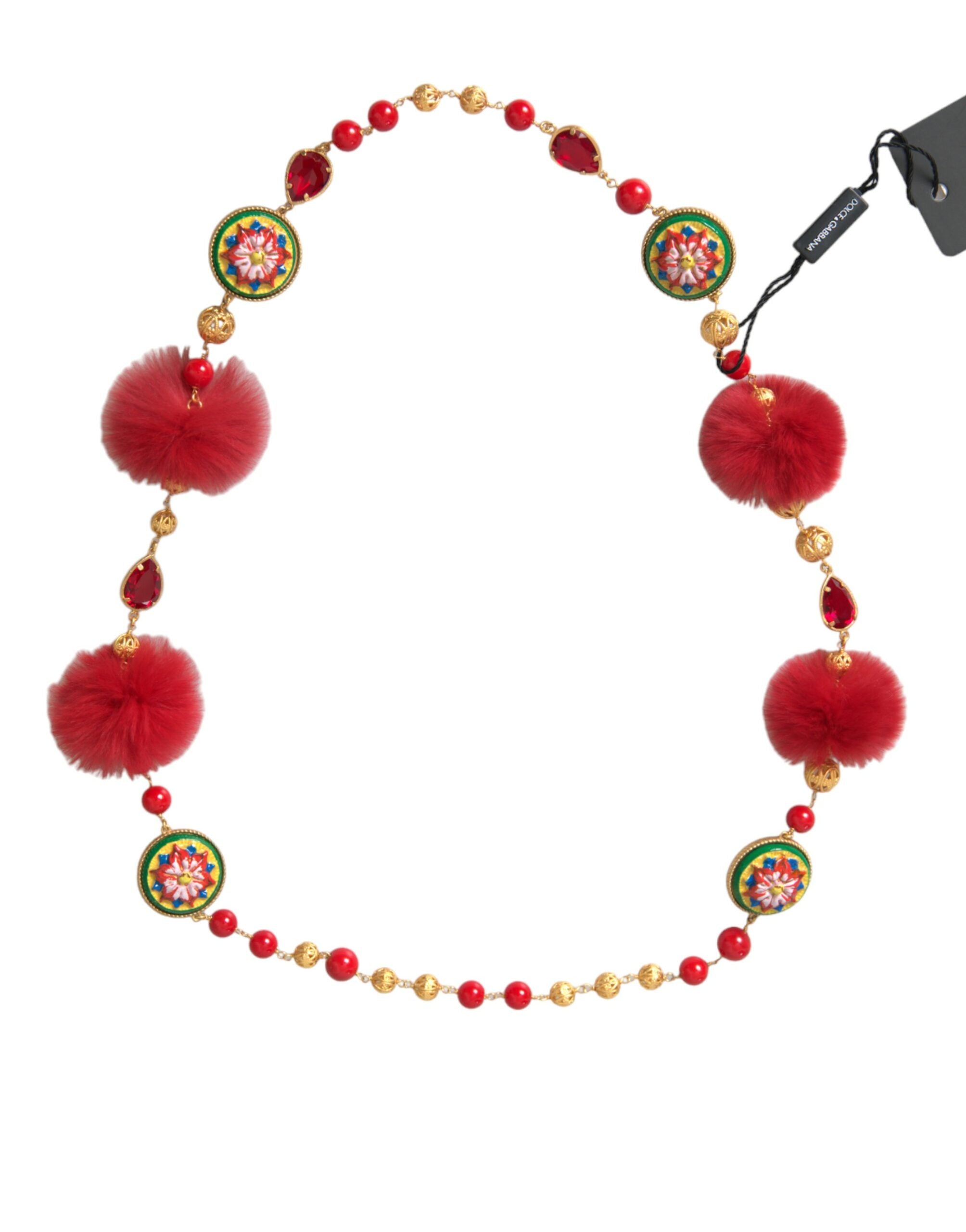 Dolce & Gabbana Gold Brass Red Fur Crystal Carretto Chain Necklace - Zeiniez