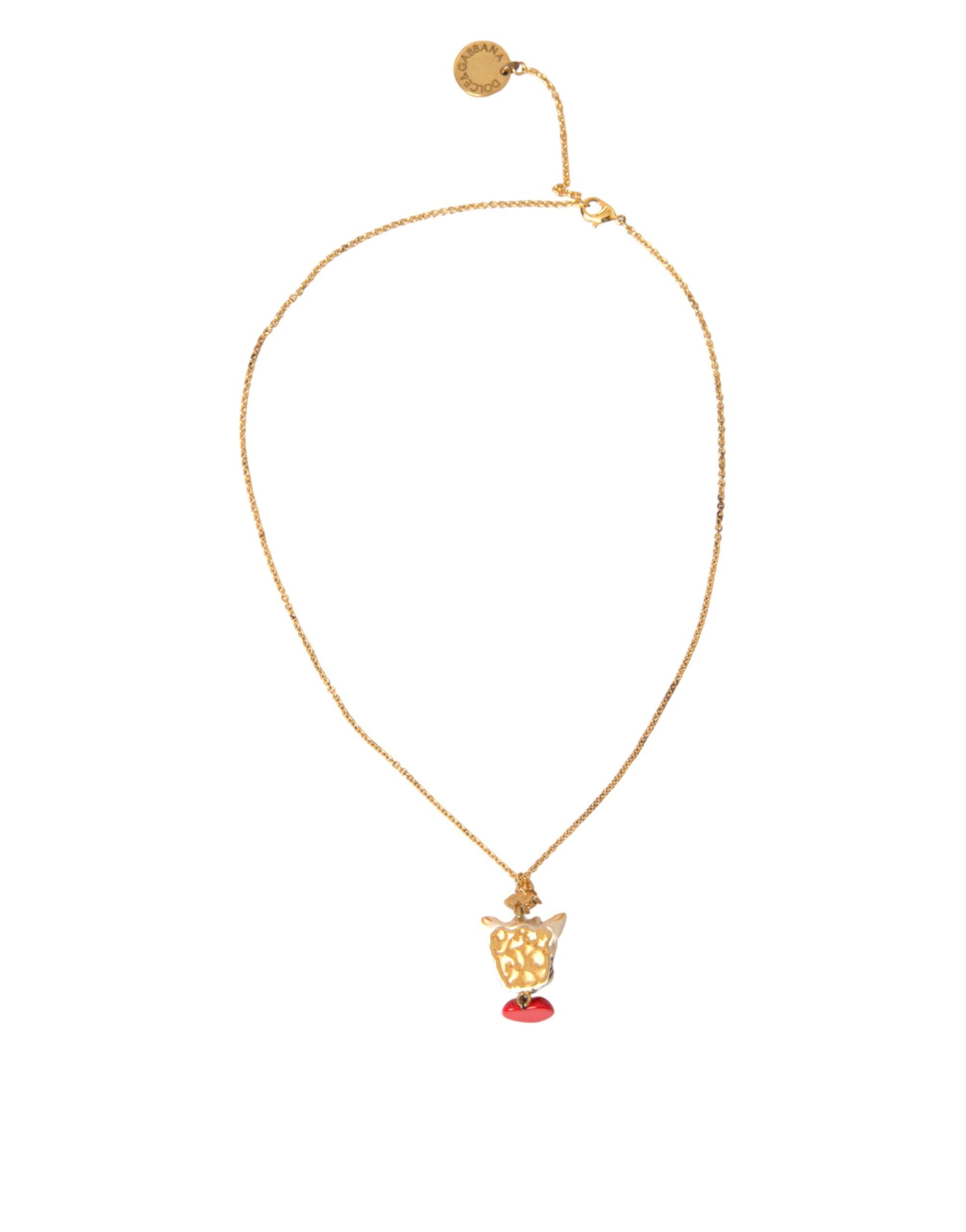 Dolce & Gabbana Gold Brass Chain Dog Heart Pendant Charm Necklace - Zeiniez