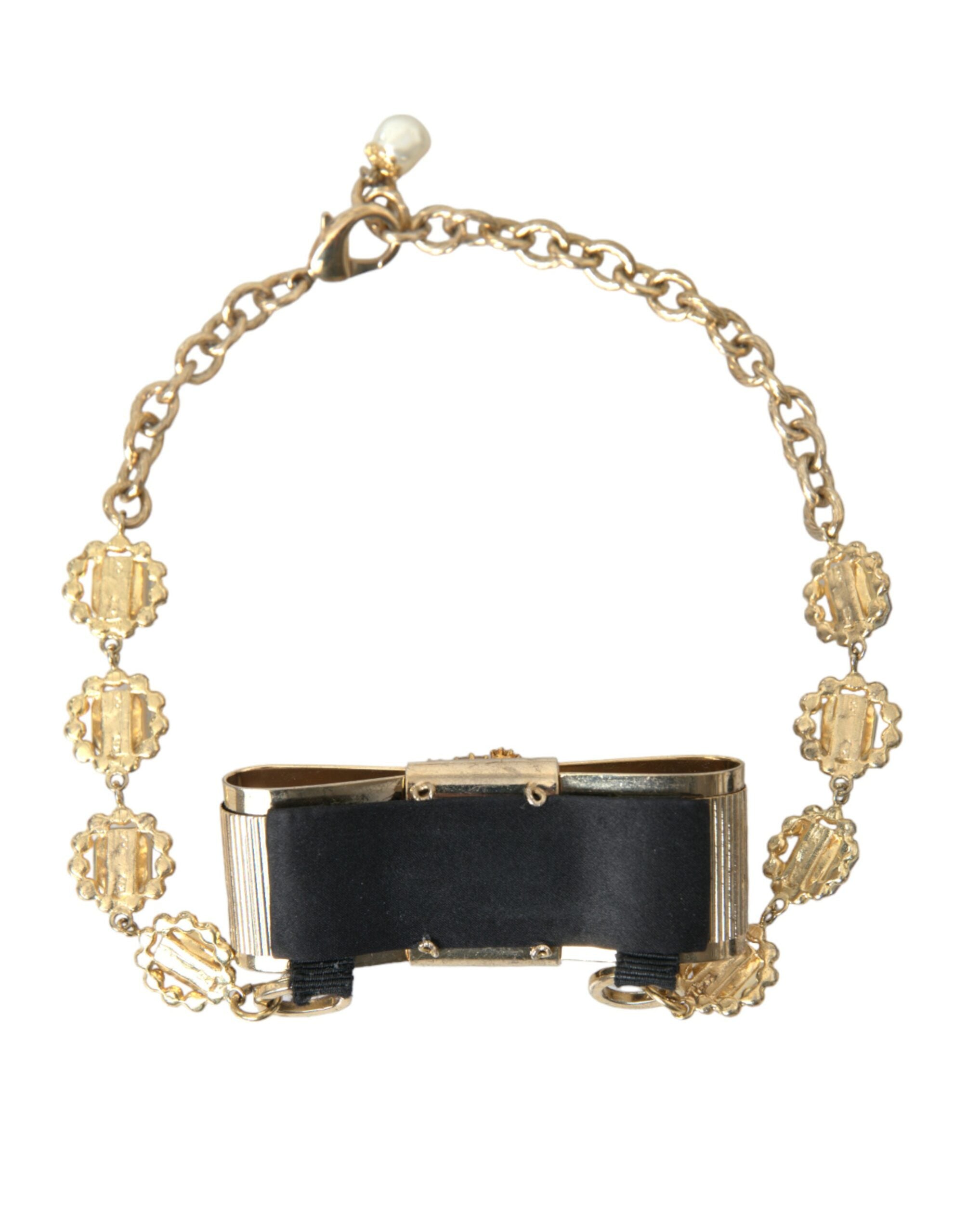 Dolce & Gabbana Gold Brass Clear Crystal Bow Chain Choker Necklace - Zeiniez