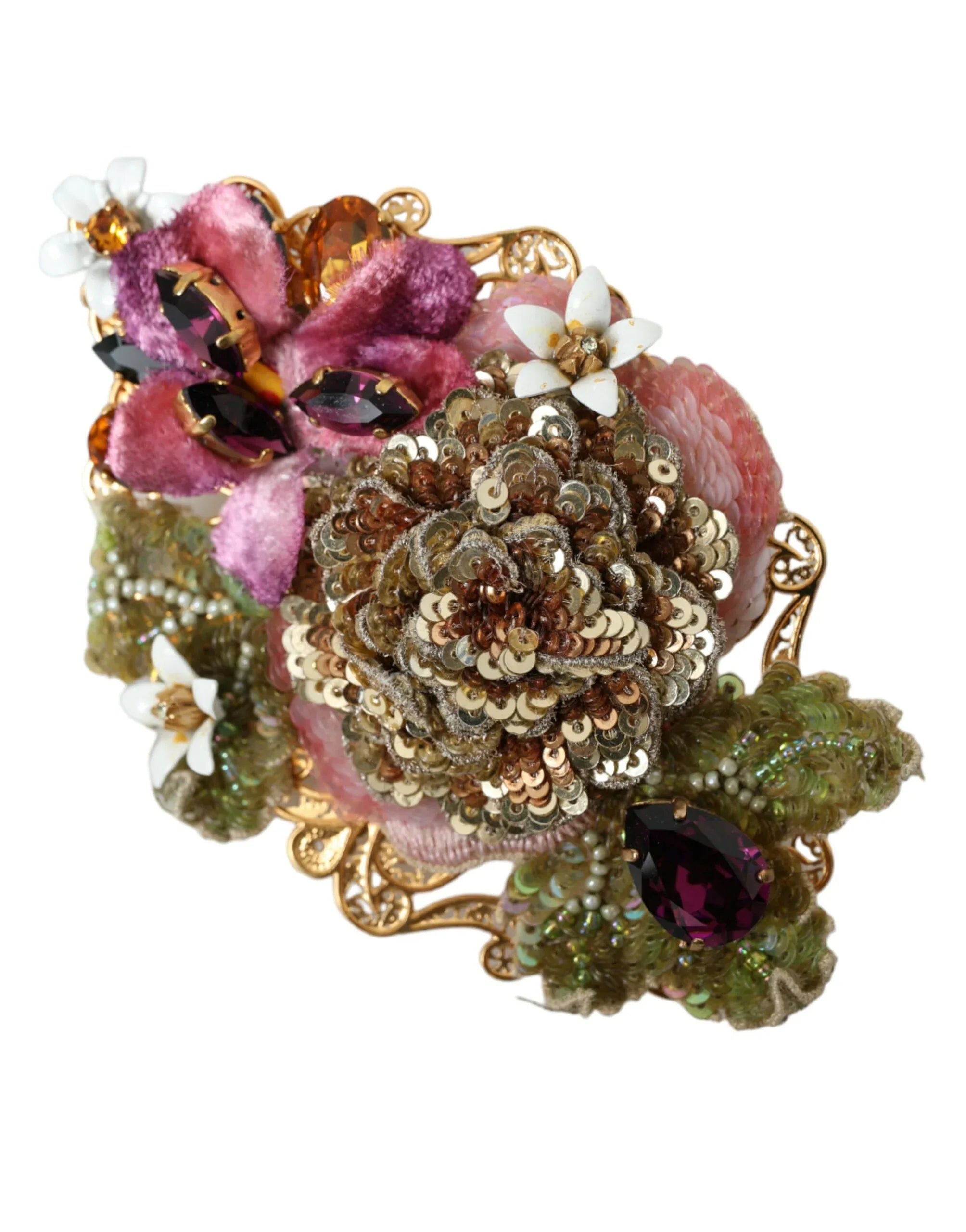 Dolce & Gabbana Gold Brass Floral Crystal Sequined Hair Clip - Zeiniez