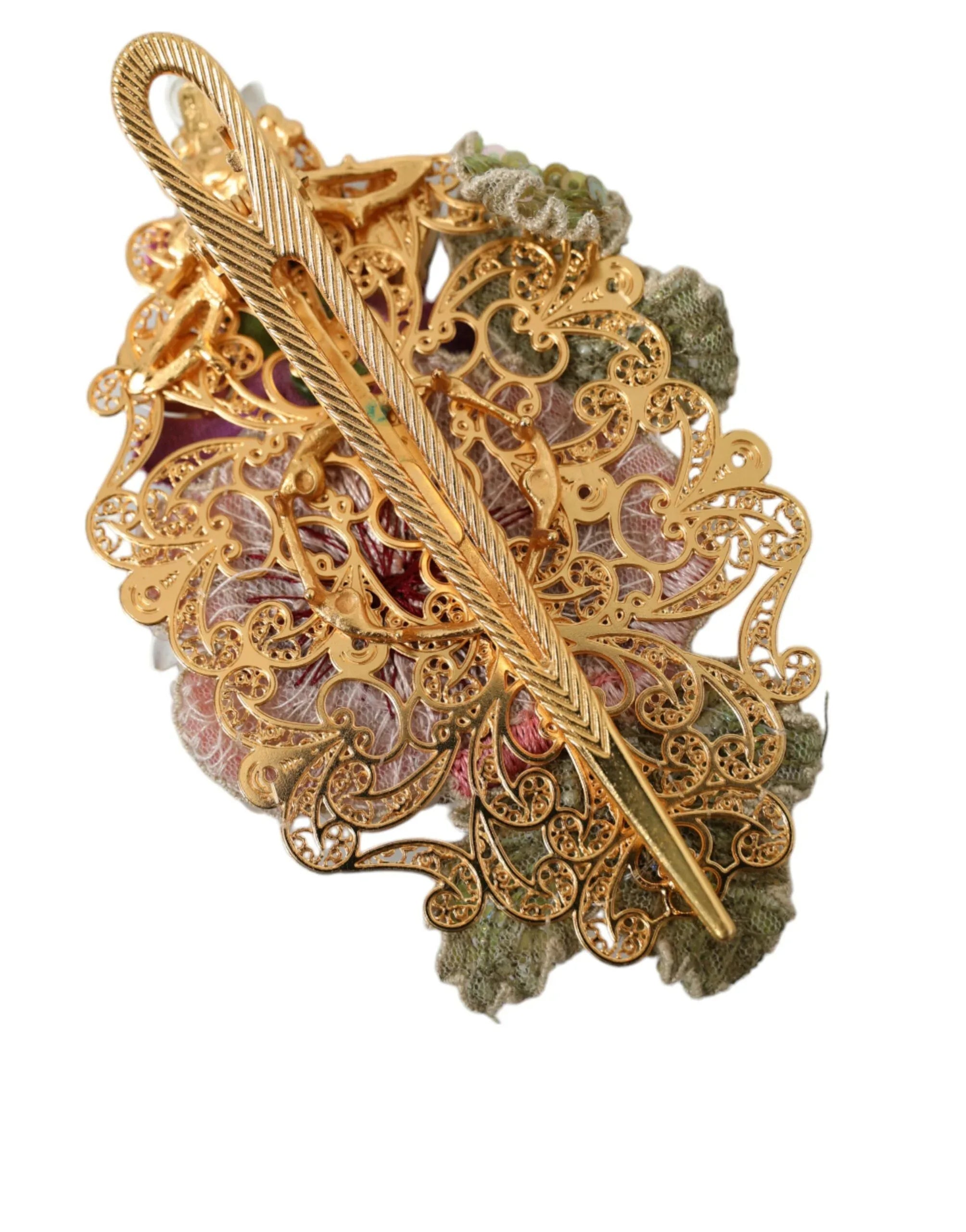 Dolce & Gabbana Gold Brass Floral Crystal Sequined Hair Clip - Zeiniez