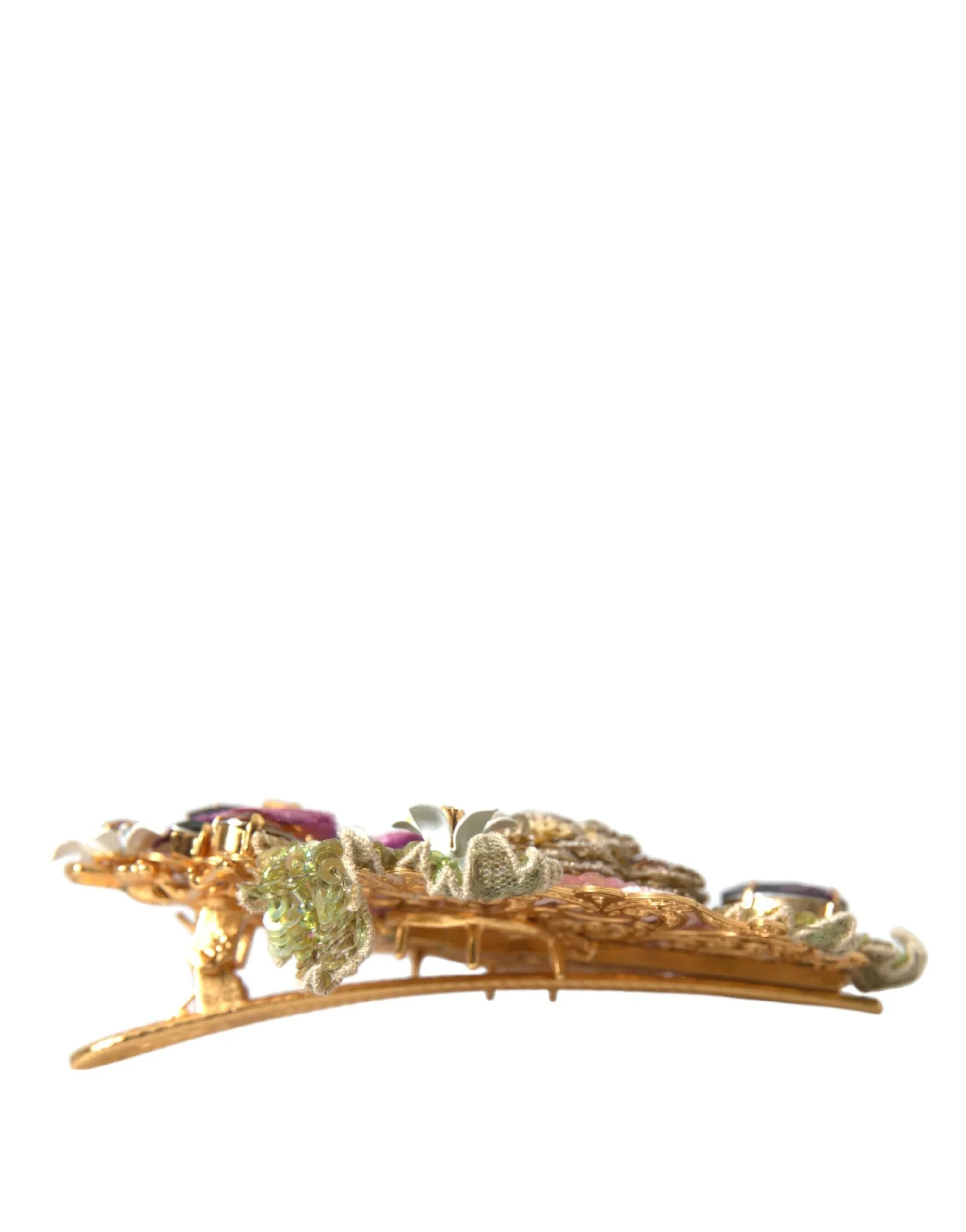 Dolce & Gabbana Gold Brass Floral Crystal Sequined Hair Clip - Zeiniez