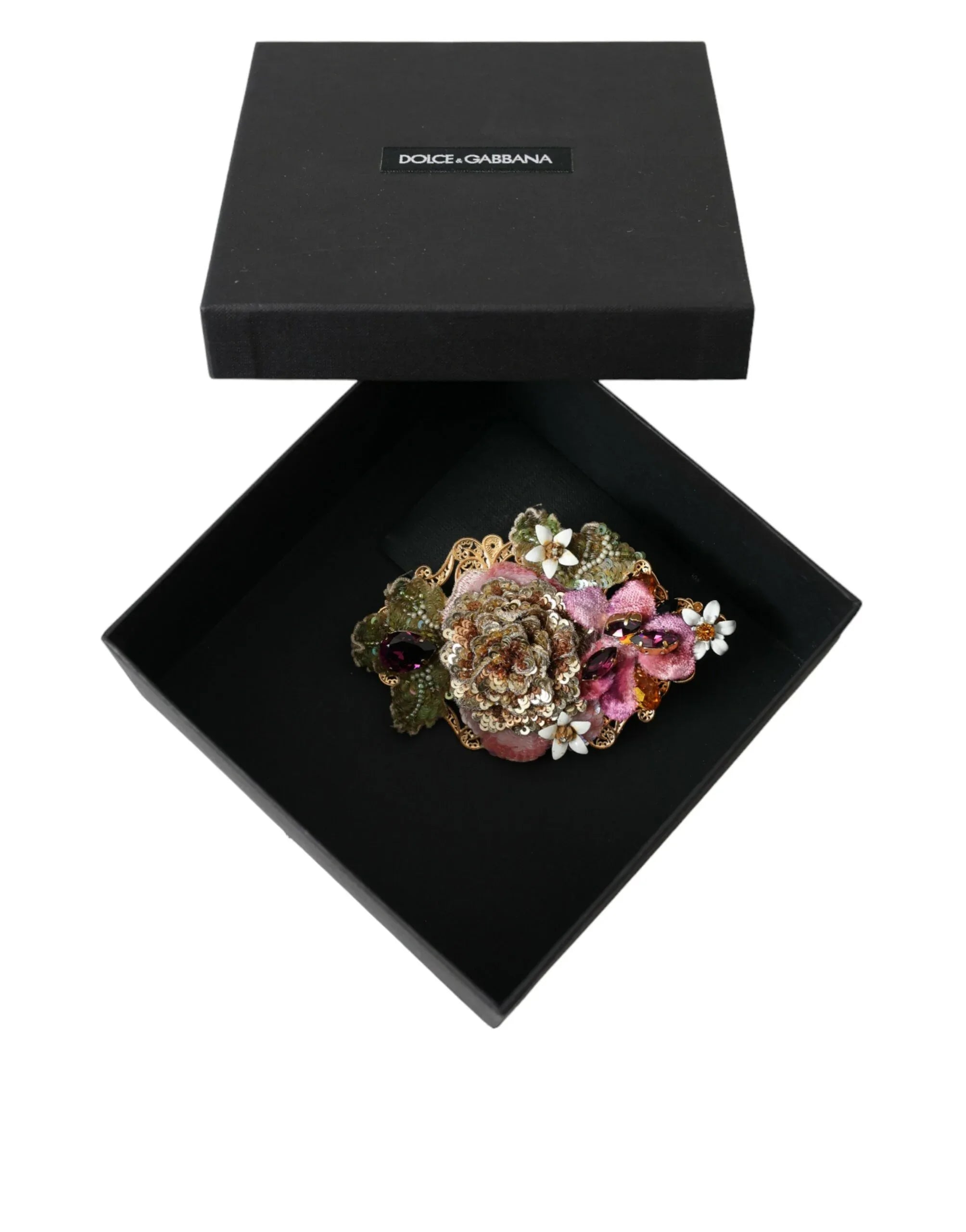 Dolce & Gabbana Gold Brass Floral Crystal Sequined Hair Clip - Zeiniez