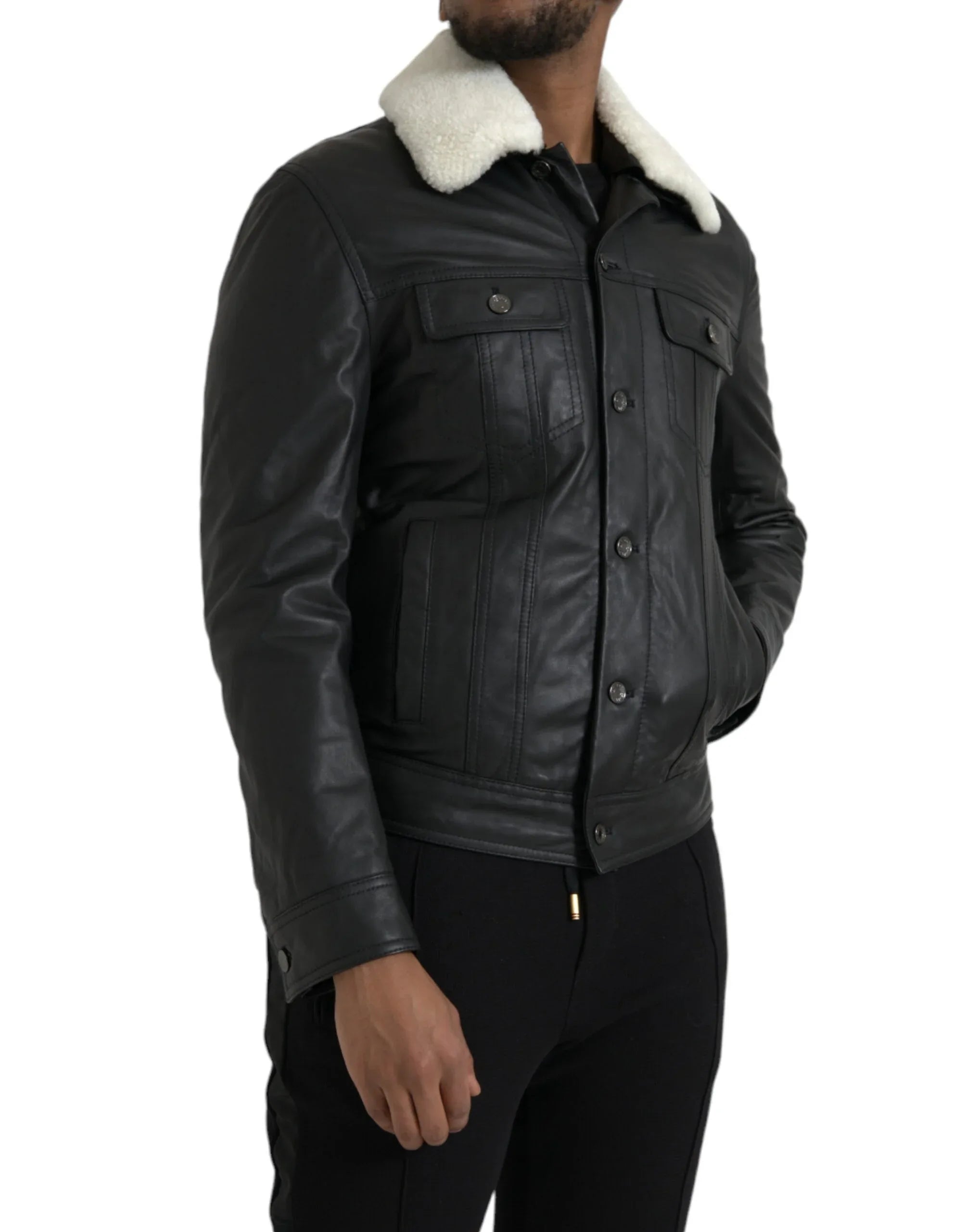 Dolce & Gabbana Black Leather Fur Collar Biker Coat Jacket - Zeiniez