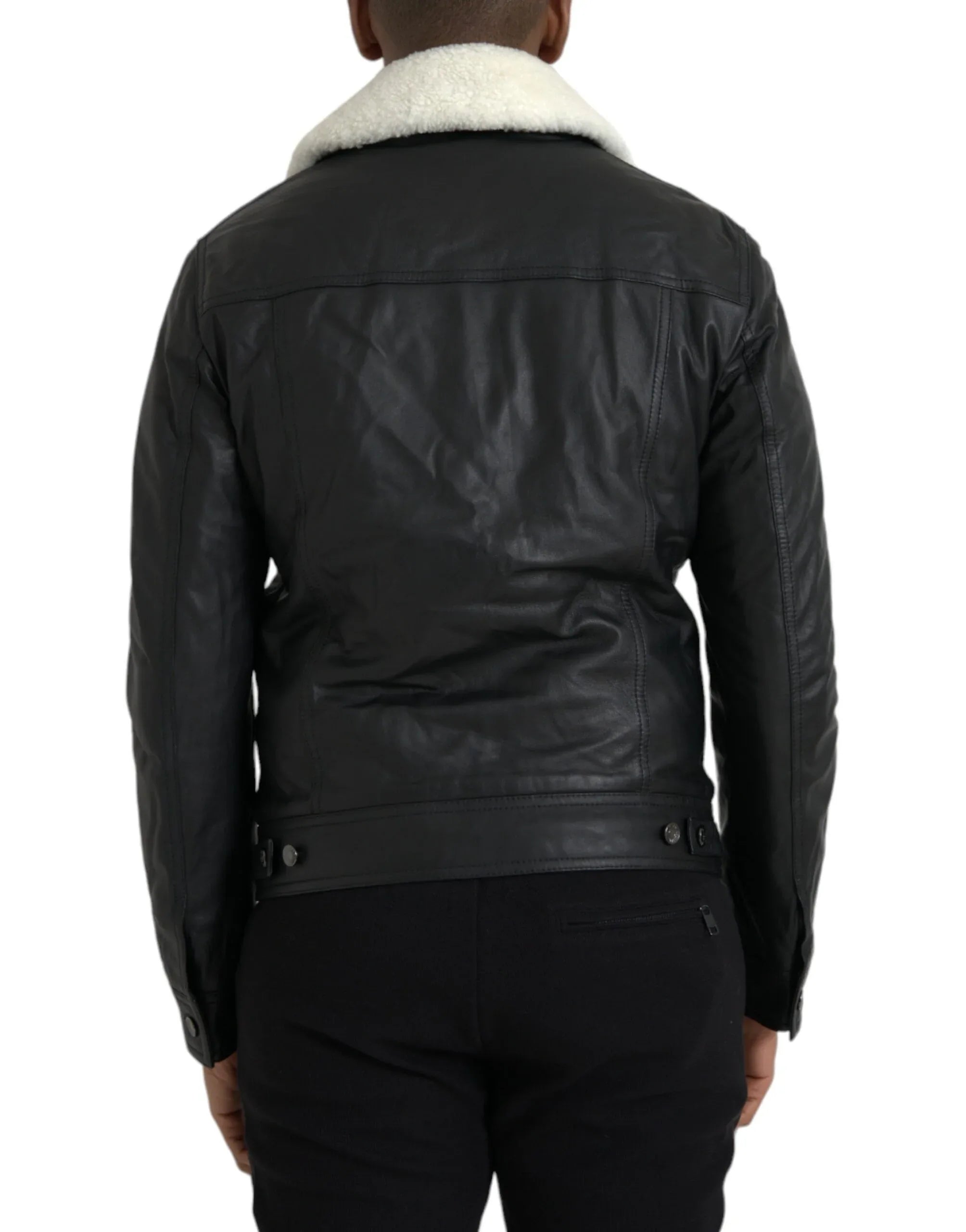 Dolce & Gabbana Black Leather Fur Collar Biker Coat Jacket - Zeiniez