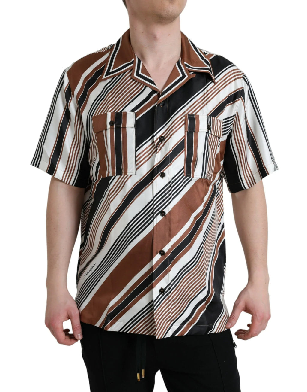 Dolce & Gabbana Brown White Silk Striped Short Sleeve Shirt - Zeiniez