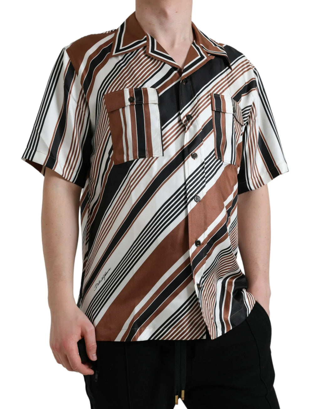 Dolce & Gabbana Brown White Silk Striped Short Sleeve Shirt - Zeiniez