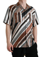 Dolce & Gabbana Brown White Silk Striped Short Sleeve Shirt - Zeiniez