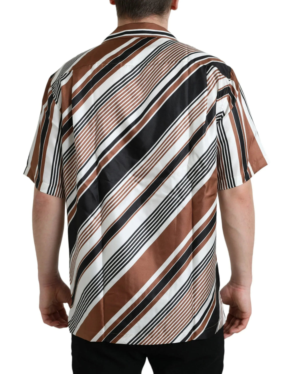 Dolce & Gabbana Brown White Silk Striped Short Sleeve Shirt - Zeiniez