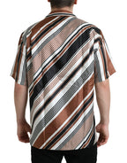 Dolce & Gabbana Brown White Silk Striped Short Sleeve Shirt - Zeiniez