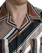 Dolce & Gabbana Brown White Silk Striped Short Sleeve Shirt - Zeiniez