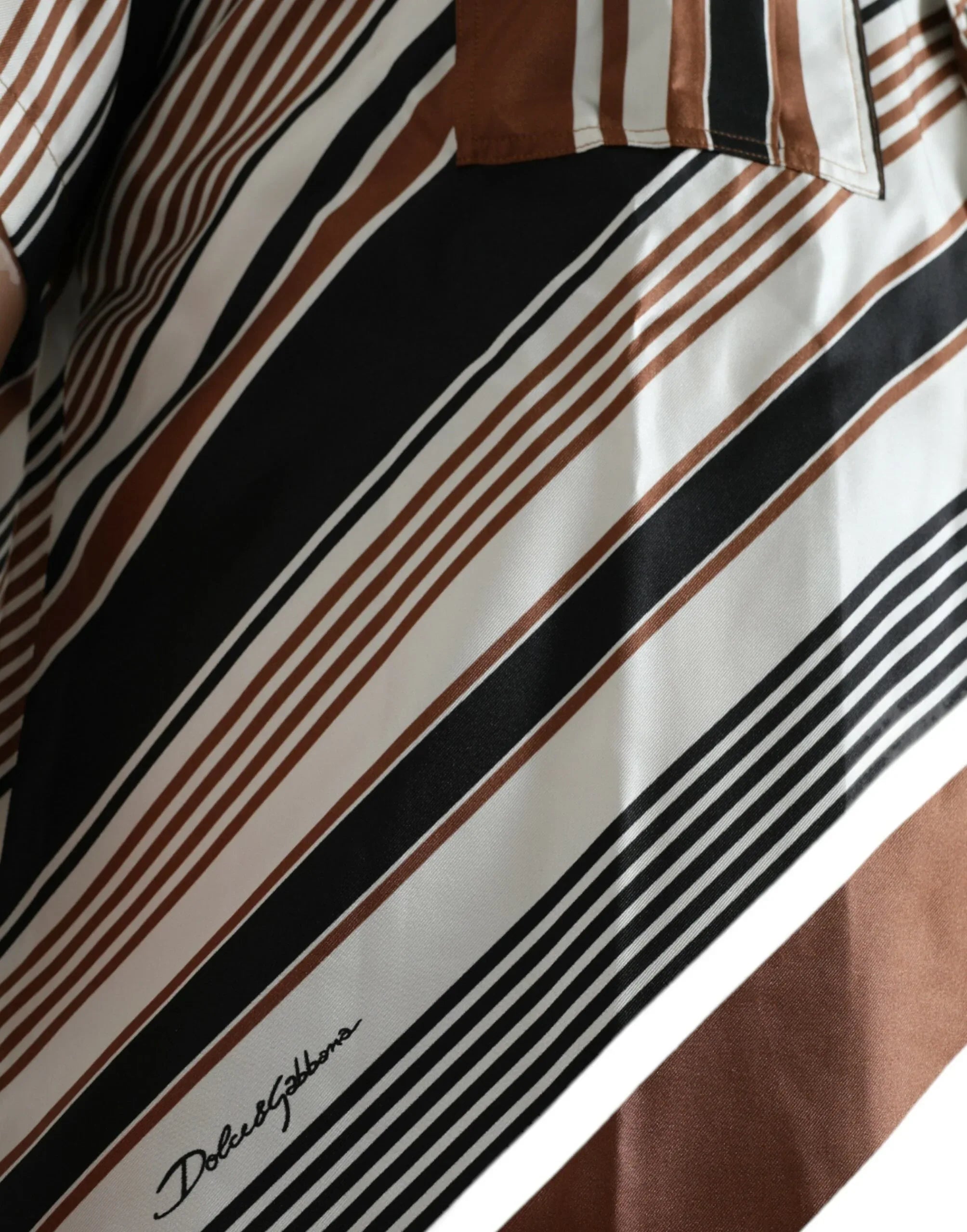 Dolce & Gabbana Brown White Silk Striped Short Sleeve Shirt - Zeiniez