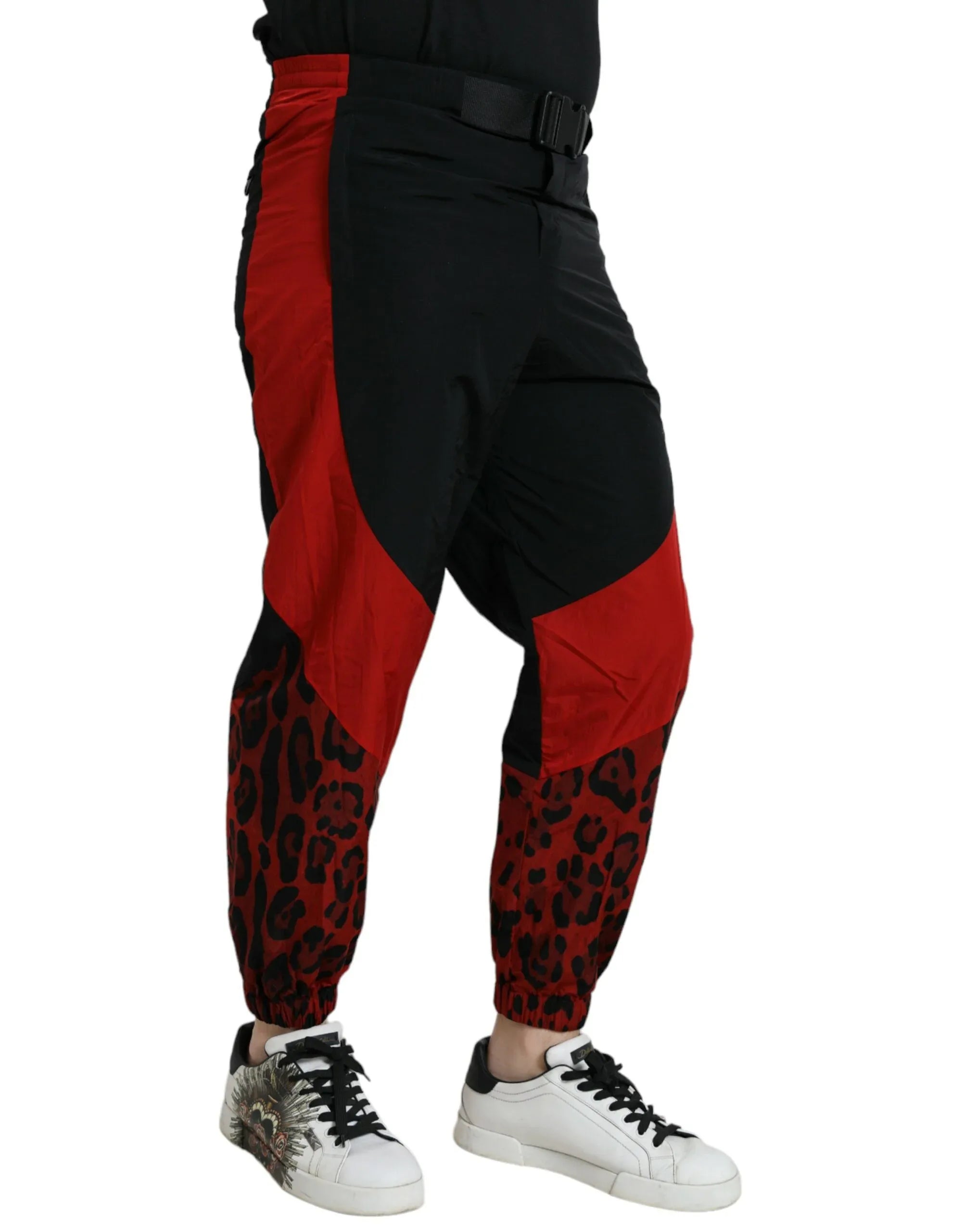 Dolce & Gabbana Black Red Leopard Print Nylon Jogger Pants - Zeiniez