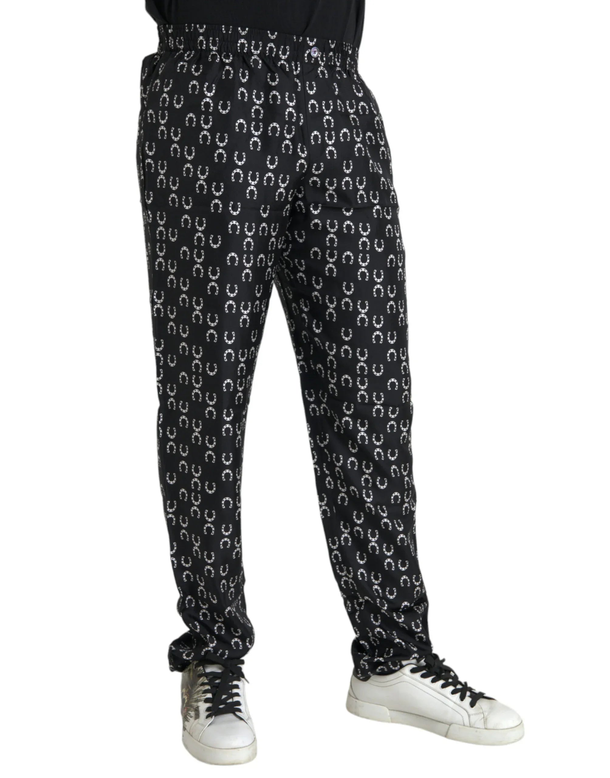 Dolce & Gabbana Black Horseshoe Print Silk Pants - Zeiniez