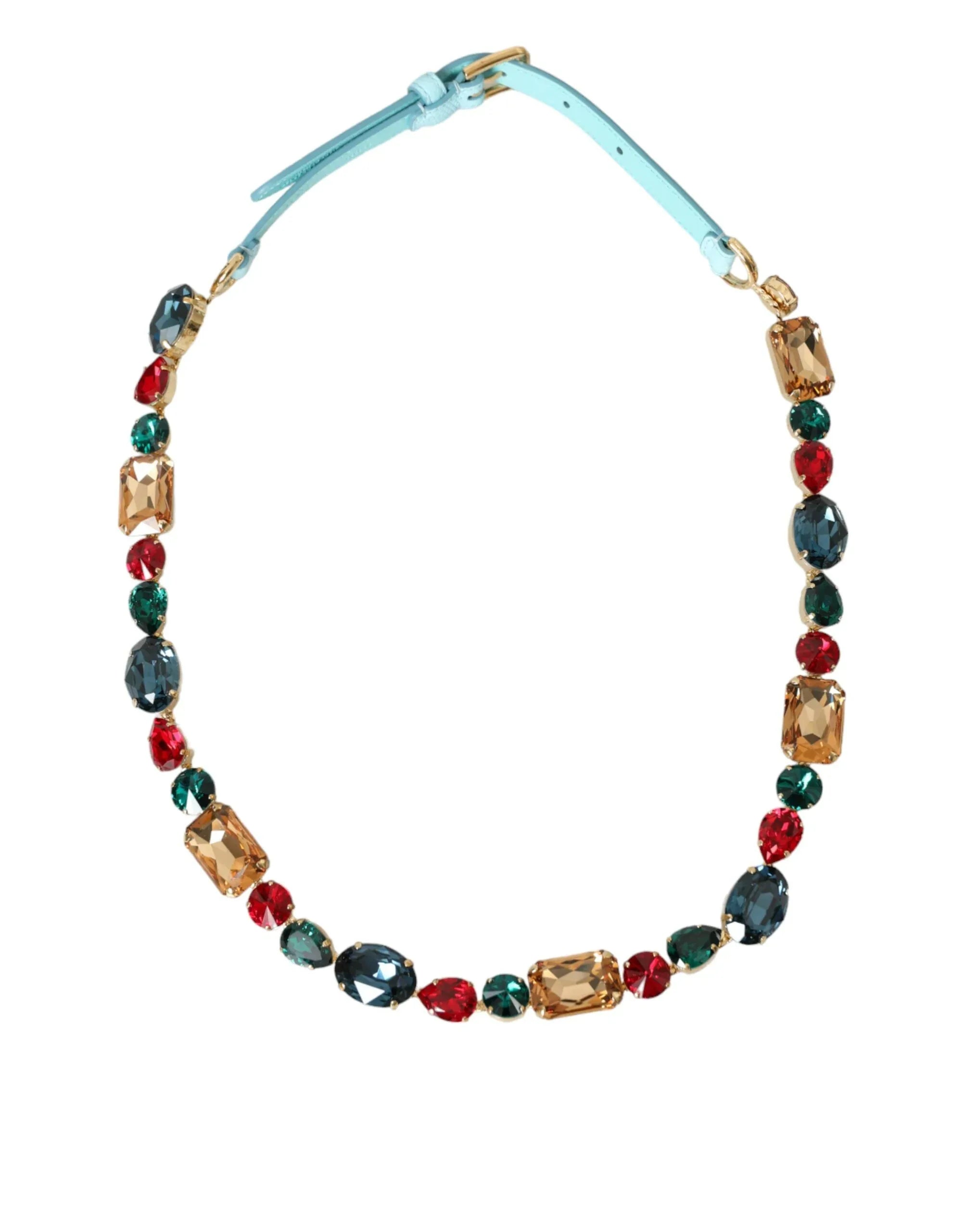 Dolce & Gabbana Light Blue Leather Crystal Chain Waist Belt - Zeiniez