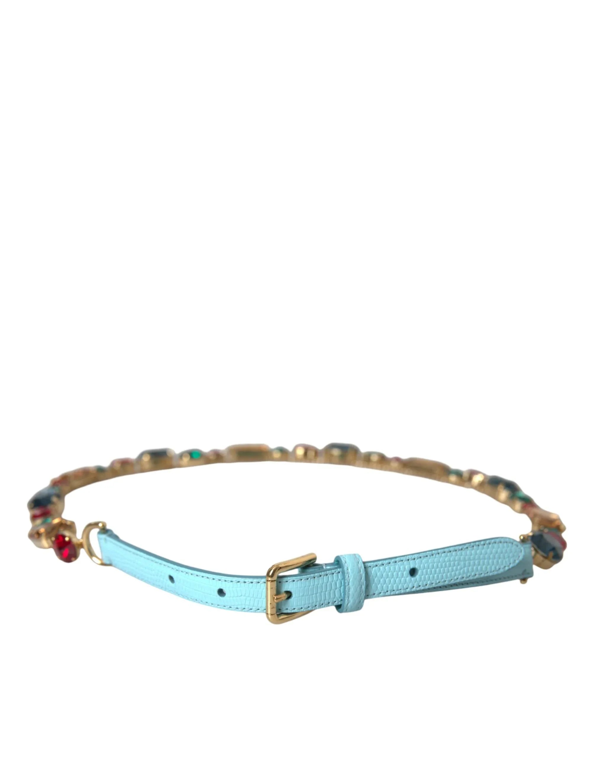 Dolce & Gabbana Light Blue Leather Crystal Chain Waist Belt - Zeiniez