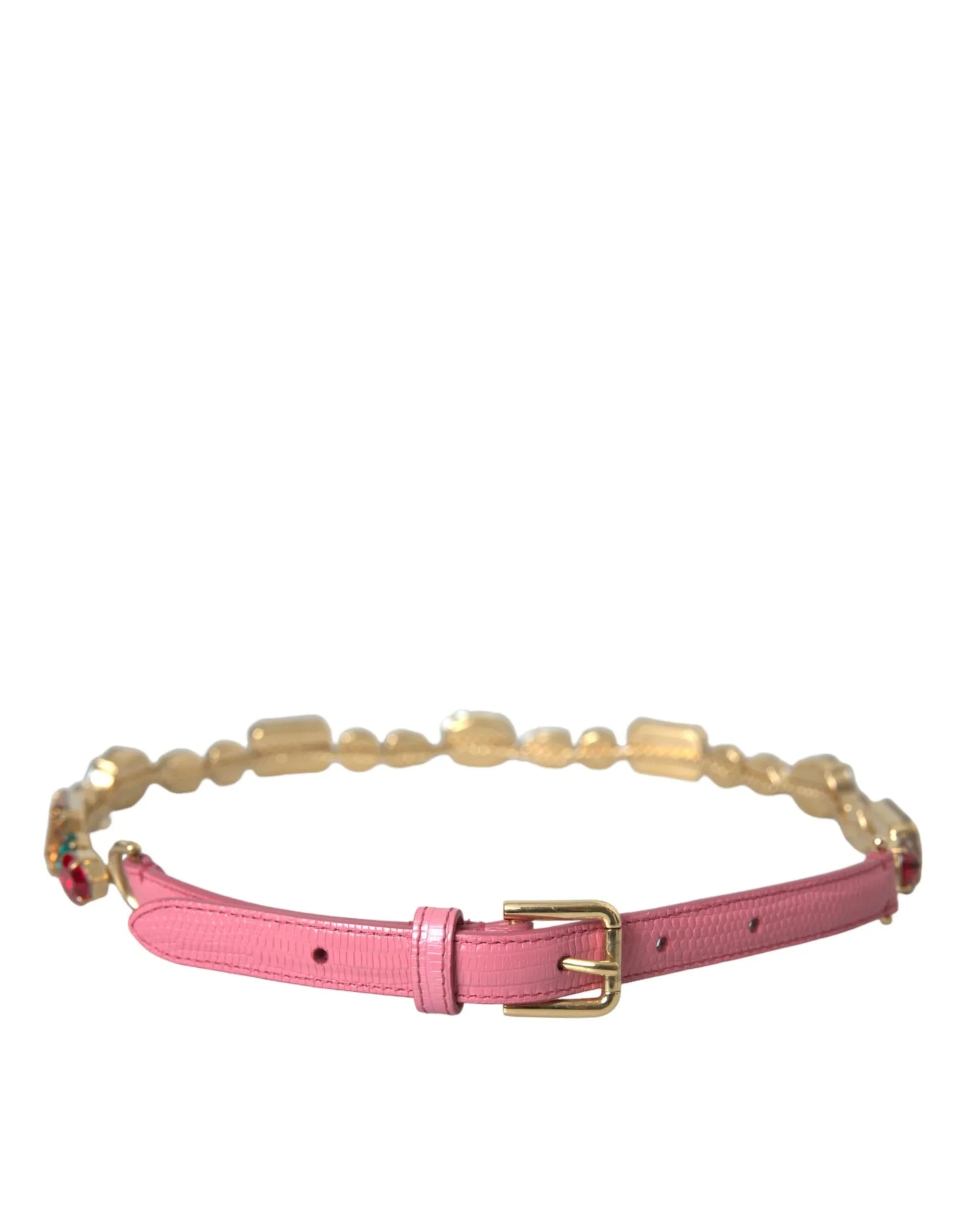 Dolce & Gabbana Pink Leather Crystal Chain Embellished Belt - Zeiniez