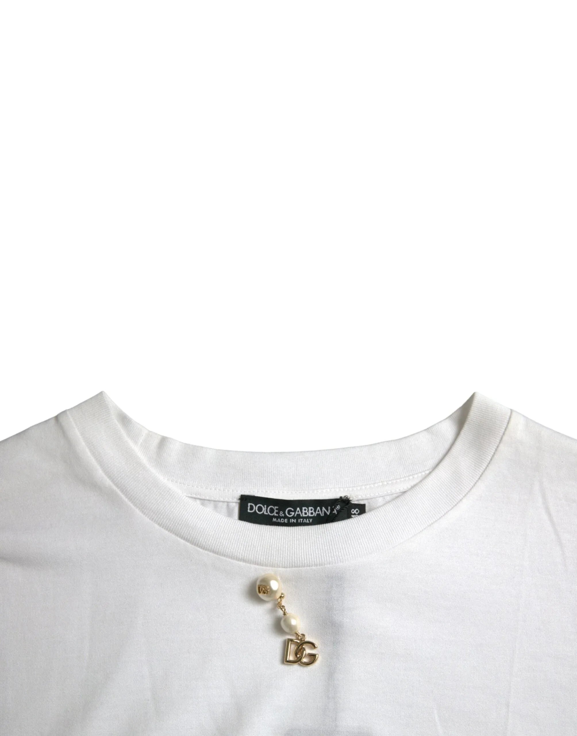 Dolce & Gabbana White Embellished Cotton Crew Neck T-shirt - Zeiniez