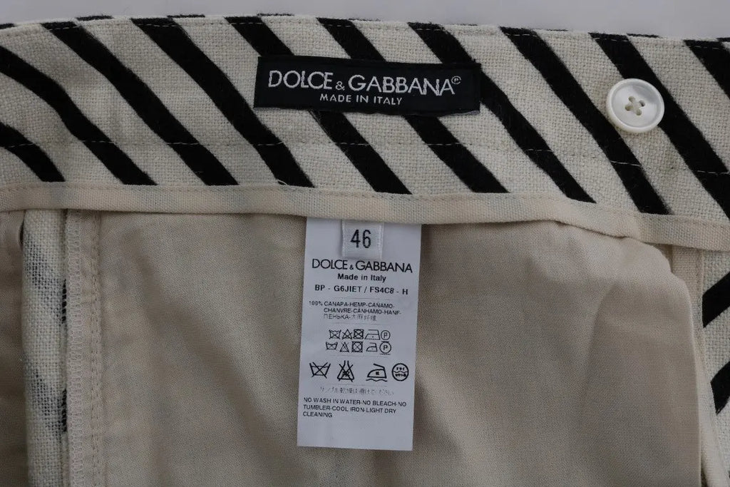 Dolce & Gabbana White Black Striped Hemp Casual Shorts - Zeiniez
