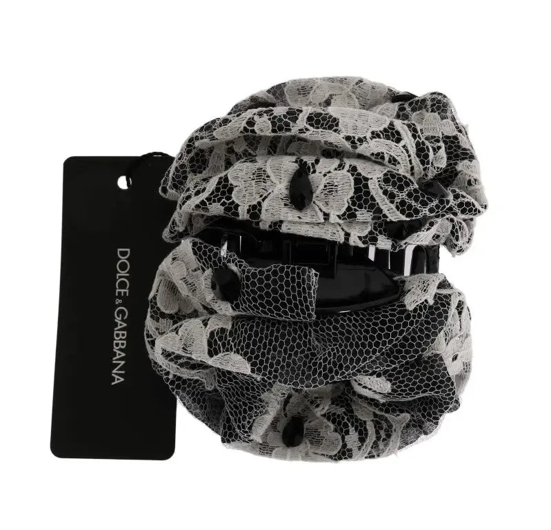 Dolce & Gabbana Black White Floral Lace Crystal Hair Claw - Zeiniez