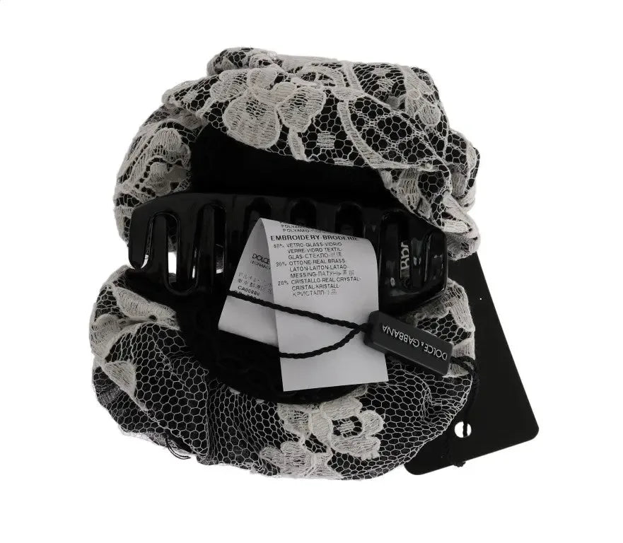 Dolce & Gabbana Black White Floral Lace Crystal Hair Claw - Zeiniez