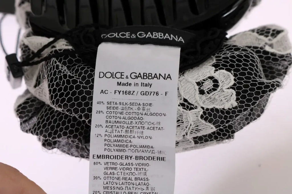 Dolce & Gabbana Black White Floral Lace Crystal Hair Claw - Zeiniez
