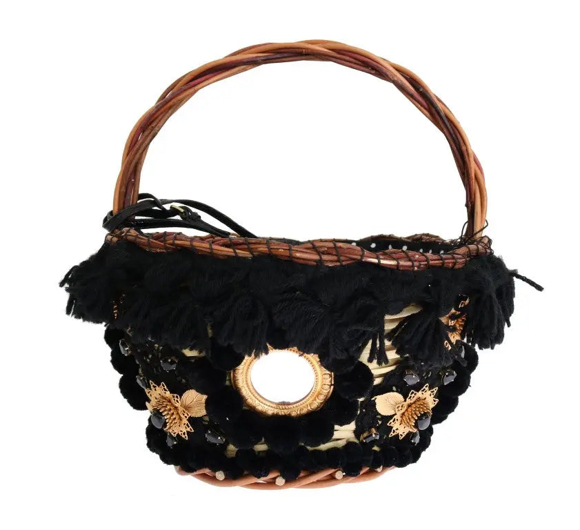 Dolce & Gabbana Beige Straw Snakeskin Pom Pom Crystal AGNESE Bag - Zeiniez
