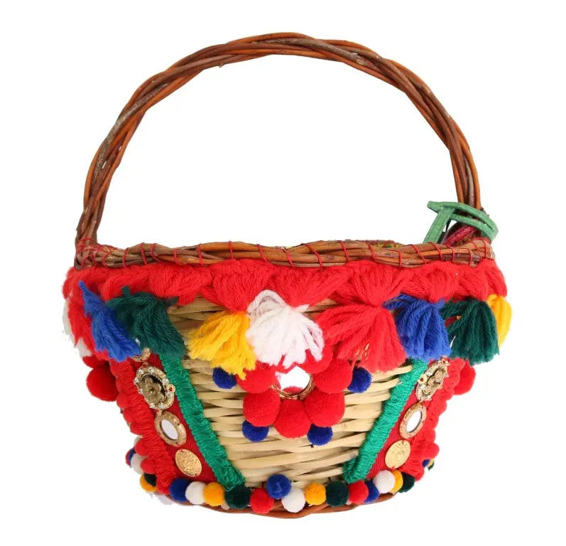 Dolce & Gabbana Multicolor AGNESE Straw Crystal  Pom Pom Bag - Zeiniez