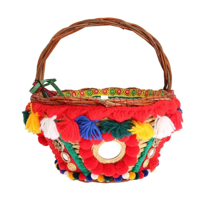 Dolce & Gabbana Multicolor AGNESE Straw Crystal  Pom Pom Bag - Zeiniez