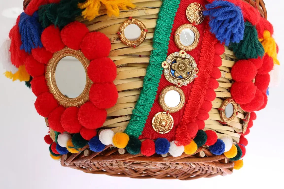 Dolce & Gabbana Multicolor AGNESE Straw Crystal  Pom Pom Bag - Zeiniez