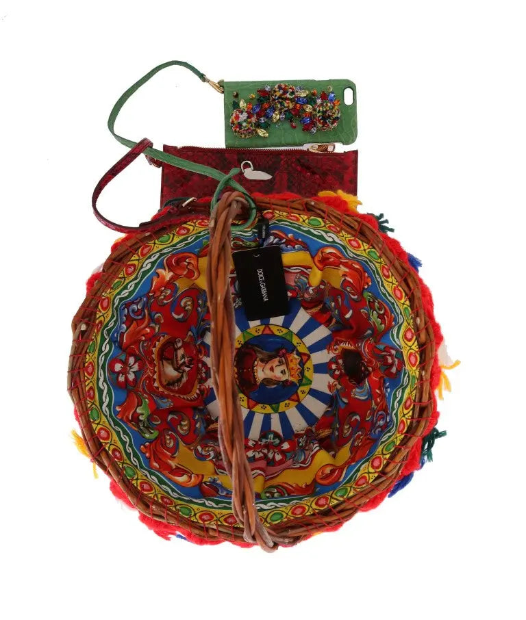 Dolce & Gabbana Multicolor AGNESE Straw Crystal  Pom Pom Bag - Zeiniez