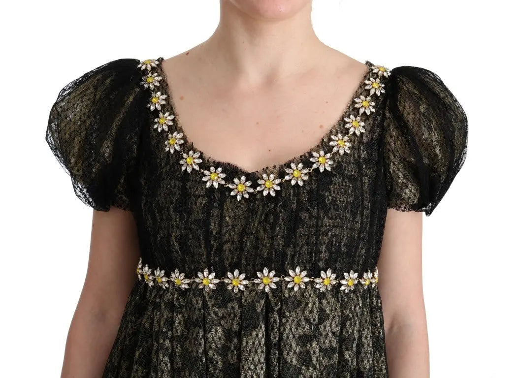 Dolce & Gabbana Black Yellow Crystal Lace Shift Dress - Zeiniez