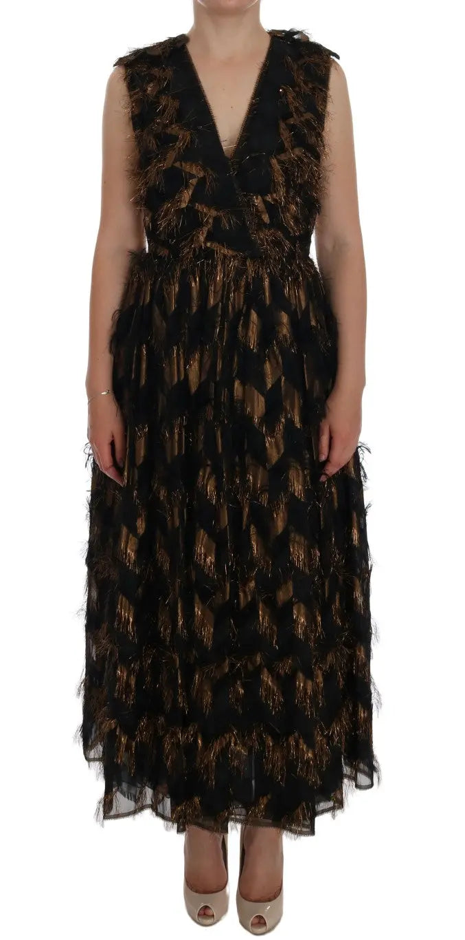 Dolce & Gabbana Black Silk Brown Fringes A-Line Dress - Zeiniez